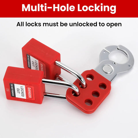 12 Pack Lockout Hasps Kit With Extended Jaw Steel Tamper Proof Loto Hasps, red lockout hasps, multi-hole locking mechanism