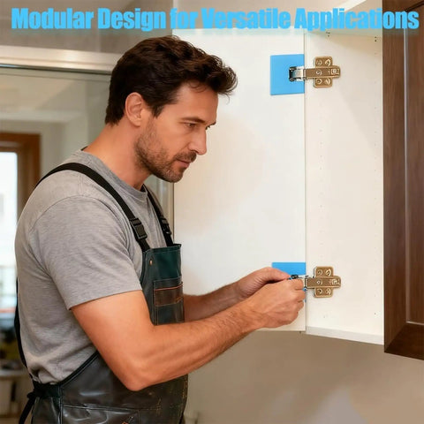 Man using Hinge Jig For Quick Door Installation, Magnetic Alignment Guide, Adjustable Accurate Template on cabinet hinge