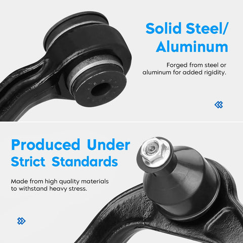 Close-up of Front Control Arms With Ball Joint BeefedUp Kit for 1999 to 2006 Chevy Silverado and GMC Sierra, showing steel/aluminum construction.