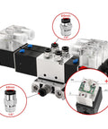Twin Solenoid Pneumatic Valve 5 Way 3 Position 24VDC PT1/4 Internal Pilot Manifold Base Muffler Quick Fittings Set