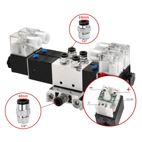 Twin Solenoid Pneumatic Valve 5 Way 3 Position 24VDC PT1/4 Internal Pilot Manifold Base Muffler Quick Fittings Set