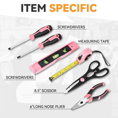 Pink 7 Piece Tool Kit For Home DIY With Screwdriver Pliers Measuring Tape Level Scissors And Wide Open Mouth Canvas Storage Bag