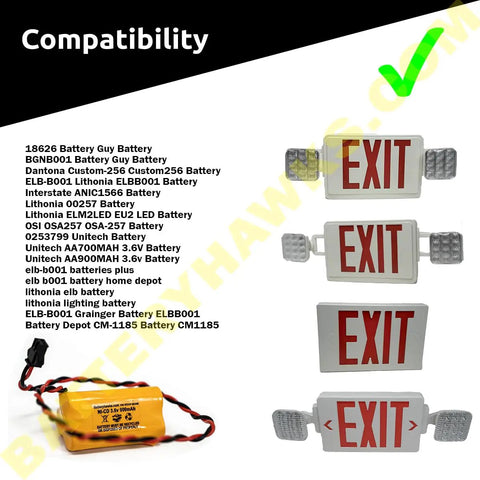 5 Pack 3.6V NiCad Battery Replacement For Emergency Exit Lights 900mAh Direct Fit Go To Backup Power For Exit Signs text