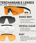 Badass Tactical Shooting Safety Glasses With Interchangeable Lenses in matte black frame showcasing smoke grey, clear, and light rust lenses.