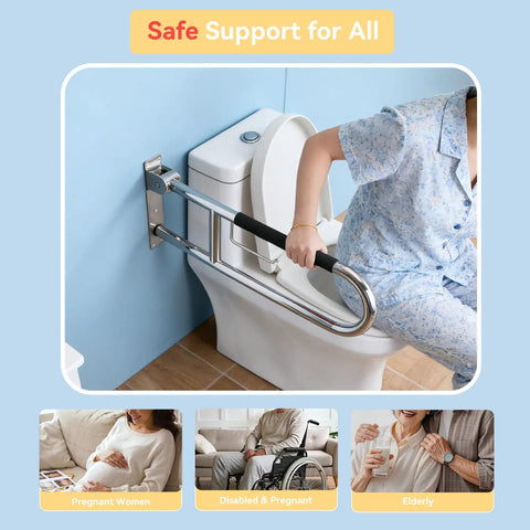 Real Deal 32 Inch Flip Up Toilet Safety Handle In Brushed Nickel Featuring Built In Paper Dispenser And Anti Slip Rubber Knobs Beefy 304 Stainless Steel Construction For Dependable Handicap Assistance And Wheelchair Accessible Restroom Design in use with a person holding on for support.