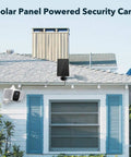Solar Powered Outdoor Floodlight Security Camera With 10400mAh Battery mounted on a house roof with solar panel visible.