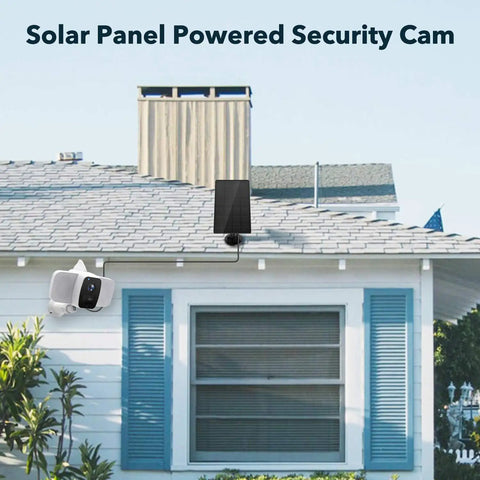Solar Powered Outdoor Floodlight Security Camera With 10400mAh Battery mounted on a house roof with solar panel visible.