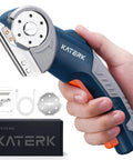 Katerk Cordless Electric Box Cutter With Safety Lock And Led Light in hand, showing rotary blade for cutting fabric and cardboard.