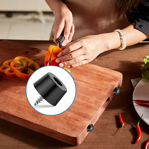Close-up of a cutting board with Grippy Rubber Feet Bumpers Kit with Built In Stainless Washers and Screws for Furniture and Appliances.