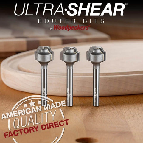 Juice Groove Router Bit For Cutting Boards, 1/8 Inch Radius, 1/4 Inch Shank, 2 Flute Carbide Tipped CNC Bit, displayed on wood surface