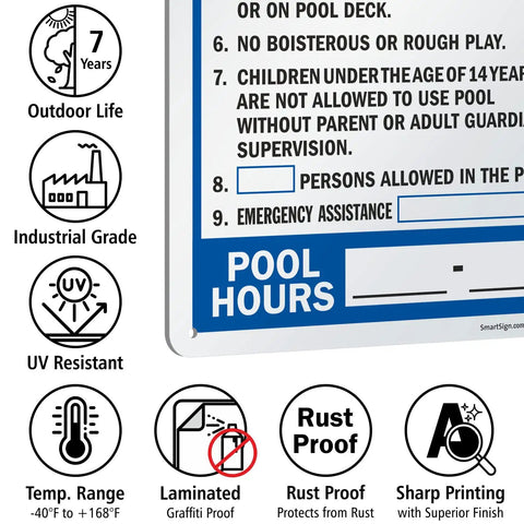 Close-up of Pool Rules Sign 14 By 10 Inch Write On Aluminum With Four Corner Mount Holes Swim At Your Own Risk; UV and rust resistant features