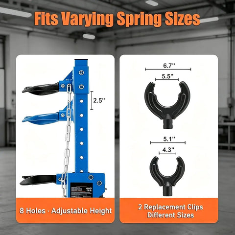 Close-up of 4.5 Ton Hydraulic Strut Spring Compressor with adjustable height and replacement clips for car repair.