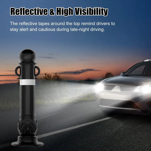 Badass Durability High Visibility Traffic Delineator Posts With Knockout Reflective Tape For Driveways And Parking Lots lit by headlights at dusk.