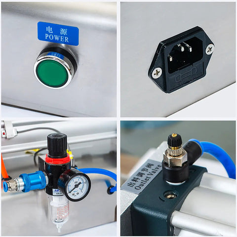 Kickass Precision Pneumatic Liquid Filling Machine control panel with power button, outlet, pressure regulator, and outer valve.