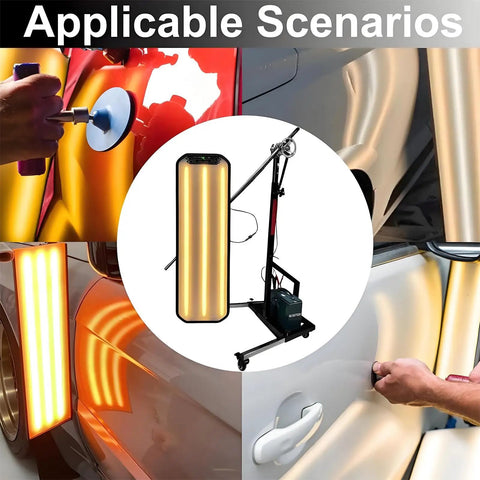 Adjustable LED Car Dent Repair Light With Stand For Paintless Dent Removal And Auto Body Work Portable Lightweight Dent Fix Lamp Delivers Sharp Visibility And Professional Results Indoors, shown illuminating dent on car