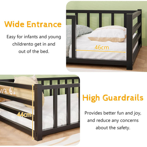 Toddler Floor Bed With Guardrails And Door Kid Friendly Twin Size Montessori Bed for Two to Five Year Olds with dimensions