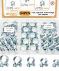 Open 34-piece zinc-plated fuel injection hose clamp set in a plastic storage case, includes 1/4", 5/16", and 3/8" clamps.
