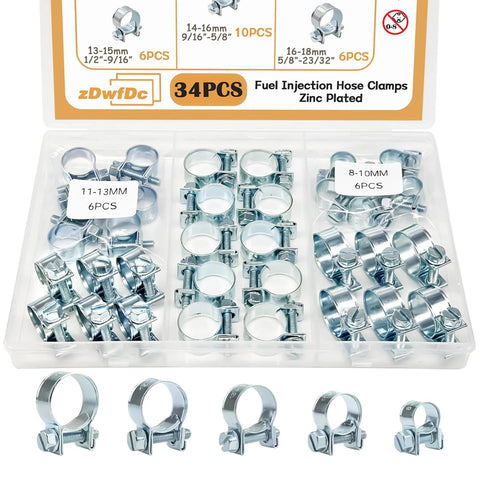 Open 34-piece zinc-plated fuel injection hose clamp set in a plastic storage case, includes 1/4", 5/16", and 3/8" clamps.