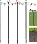 Outdoor String Light Poles 4 Pack 10.5 Foot Tall Metal Poles For Patio Backyard Weddings And Parties Spiral Anchor Design For Deep Ground Insertion No Fork Base Or Clips Needed For Bistro Style Lighting shown with ground anchor detail, pack of 4.