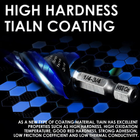 Workhorse Four Flute Step Drill Bit Set for Metal and Wood With TiAlN Wear-Resistant Cobalt Coating close-up view