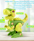 Take Apart Dinosaur Toys For Kids Aged 3 Through 7 With Electric Drill STEM Building Set Three Pack Featuring Pink Triceratops Green Tyrannosaurus Rex And Cyan Velociraptor Kid Friendly Hands On Construction Toy Gift Idea. Green take-apart T-Rex plastic toy with movable head, limbs and tail