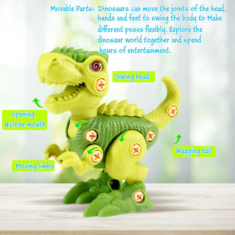 Take Apart Dinosaur Toys For Kids Aged 3 Through 7 With Electric Drill STEM Building Set Three Pack Featuring Pink Triceratops Green Tyrannosaurus Rex And Cyan Velociraptor Kid Friendly Hands On Construction Toy Gift Idea. Green take-apart T-Rex plastic toy with movable head, limbs and tail