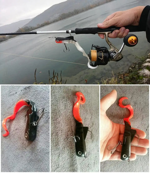 Pike Musky Dawg Soft Bait Lure For Freshwater Fishing 8 Inch Swimbait 45g with realistic action and dope colors on rod by lake