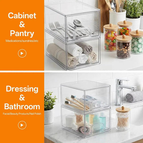 Clear Stackable Storage Drawers And Q Tip Holder Dispenser With Bamboo Lids Space Saving Pro Grade Acrylic Drawer Containers Plastic Organizer Bins For Makeup Bathroom Cabinets Undersink