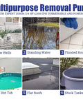 Multipurpose removal pump for window wells, standing water, flooded houses, pools, flat roofs, and stock tanks.