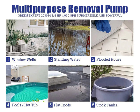 Multipurpose removal pump for window wells, standing water, flooded houses, pools, flat roofs, and stock tanks.