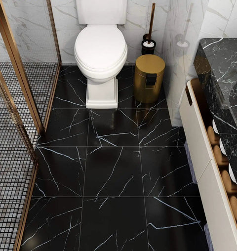 Bathroom with Black Peel And Stick Floor Tiles 12x12 Inch 32 Count Self Adhesive Vinyl Faux Wood Grain Waterproof Flooring