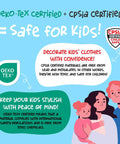 Oeko-Tex and CPSIA certified graphic, emphasizing safety for kids in clothing decoration, featuring a family and certification logos.