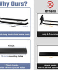 Comparison chart of Wall Mounted Garden Tool Organizer showing 11-inch hooks and 17-inch tracks with mounting holes.