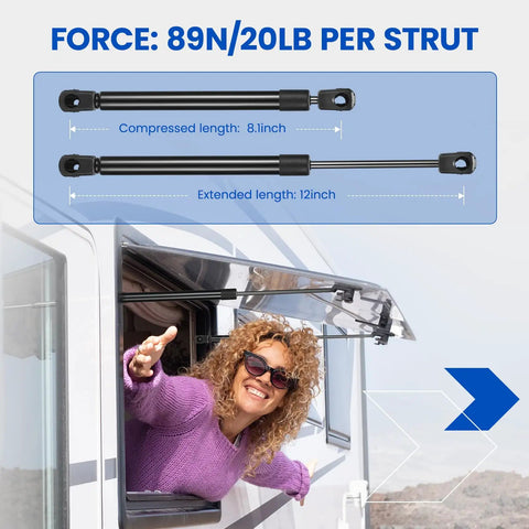 Image showing Pretty Sweet 12 Inch Gas Strut Lift Support with 20 lb force, ideal for RV hatches, black gas struts in use.