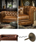 Top Notch Antique Brass Upholstery Tacks For Furniture 100 Pack Decorative Nail Heads Heavy Duty Materials shown with leather couch.