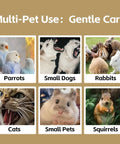 Collage showing parrots, small dogs, rabbits, cats, small pets, and squirrels with text 'Multi-Pet Use: Gentle Care'.