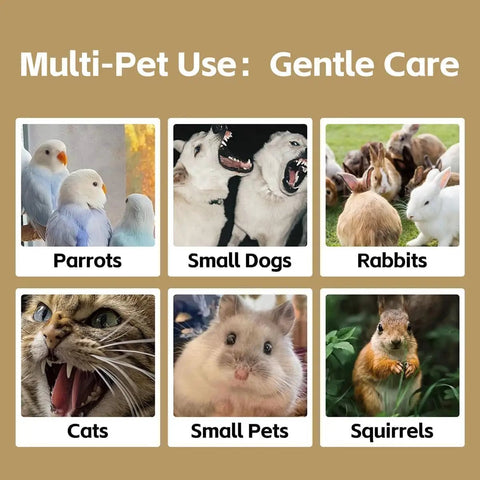 Collage showing parrots, small dogs, rabbits, cats, small pets, and squirrels with text 'Multi-Pet Use: Gentle Care'.