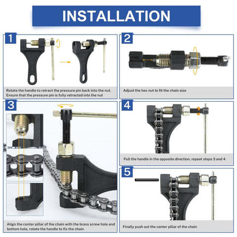 Installation steps collage for a 420 motorcycle chain breaker tool showing steps 1–5 and chain.