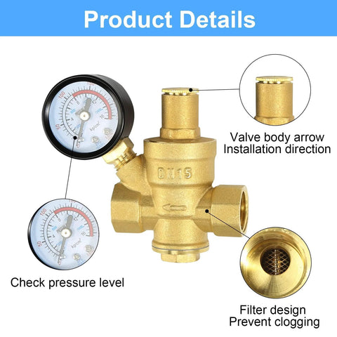 Brass water pressure regulator with dual gauges and built-in filter, 1/2-inch inlet/outlet, adjustable