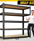 Beefy 5 Tier Garage Shelving Unit Beefs Up Your Storage With A 71 Inch Tall Steel Rack With Adjustable MDF Shelves 2050 Lbs Total Capacity Ideal For Garage Warehouse Pantry Basement Workshop Organization, front view with dimensions