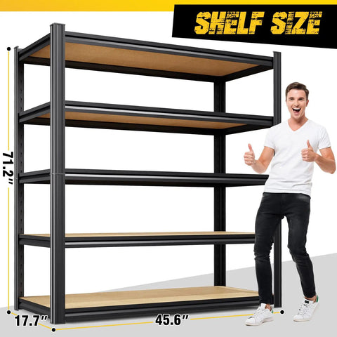 Beefy 5 Tier Garage Shelving Unit Beefs Up Your Storage With A 71 Inch Tall Steel Rack With Adjustable MDF Shelves 2050 Lbs Total Capacity Ideal For Garage Warehouse Pantry Basement Workshop Organization, front view with dimensions
