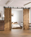 Room with doors showing Black 7 Ft Ceiling Mount Sliding Barn Door Hardware Kit With L Shape Brackets For Low Ceiling Spaces