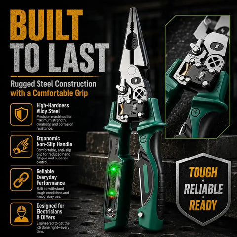 All In One 4-In-1 Wire Stripping And Testing Pliers With Built-In LCD Voltage Tester, foldable steel multitool with green grip