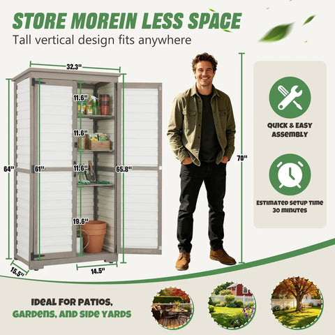 Man standing next to Store More In Less Space Slender Outdoor Storage Cabinet For Tight Spaces Tall Vertical Tool Organizer