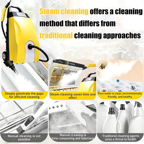 Orisuntech 3000W Heavy-Duty Steam Cleaner With Ozone Dual Purification Features shown in action cleaning surfaces, highlighting efficiency.