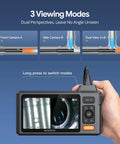Person holding 50 Foot Sewer Inspection Camera With Dual Lens Endoscope And Lights 1080P 5 Inch IPS Screen Split Screen View IP67 Waterproof 7.9mm Snake Scope DIY Ready For Wall Drains And Auto Repairs showing screen with dual perspectives