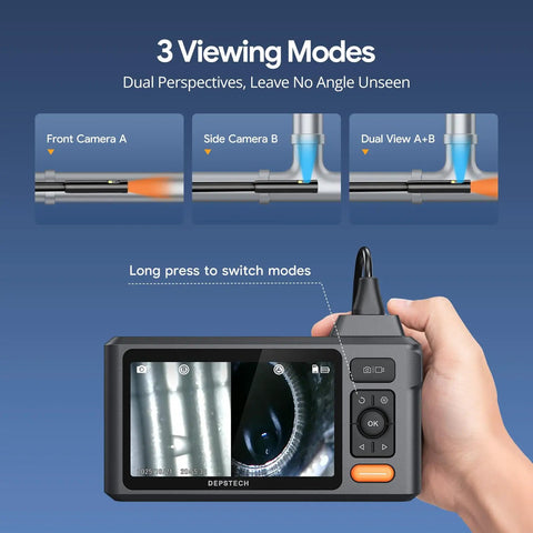 Person holding 50 Foot Sewer Inspection Camera With Dual Lens Endoscope And Lights 1080P 5 Inch IPS Screen Split Screen View IP67 Waterproof 7.9mm Snake Scope DIY Ready For Wall Drains And Auto Repairs showing screen with dual perspectives