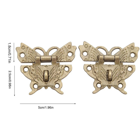 Retro Vintage Cabinet Latch Hasp Kit With Antique Padlock showing butterfly design, bronze finish, sizes 5cm and 2.5cm angles visible.