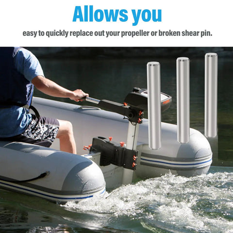 Motor Prop Shear Pins 2262658 Stainless Steel 3 Pack Backup Pins For Trolling Motors MKP 33 MKP 38 shown next to boat