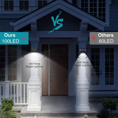 Comparison of entryway lighting with Six Pack Outdoor Solar Motion Lights With 100 LED And IP65 Waterproof Design versus 60 LED light